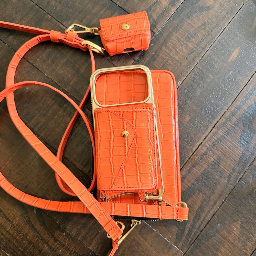 Bandolier Orange Croc-Embossed Crossbody iPhone 17pro Pouch with Gold Hardware